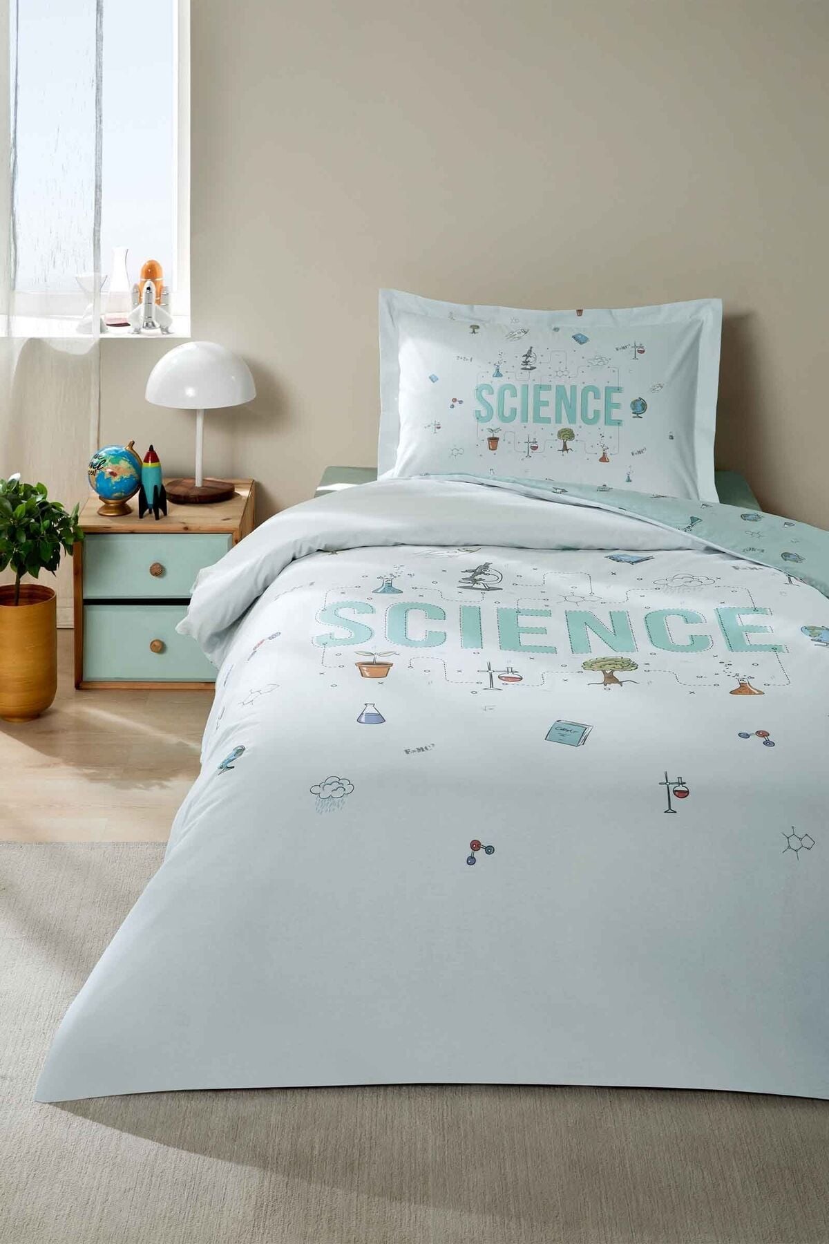 Science Tek Kişilik Lastikli Çarşaf Nevresim Takımı