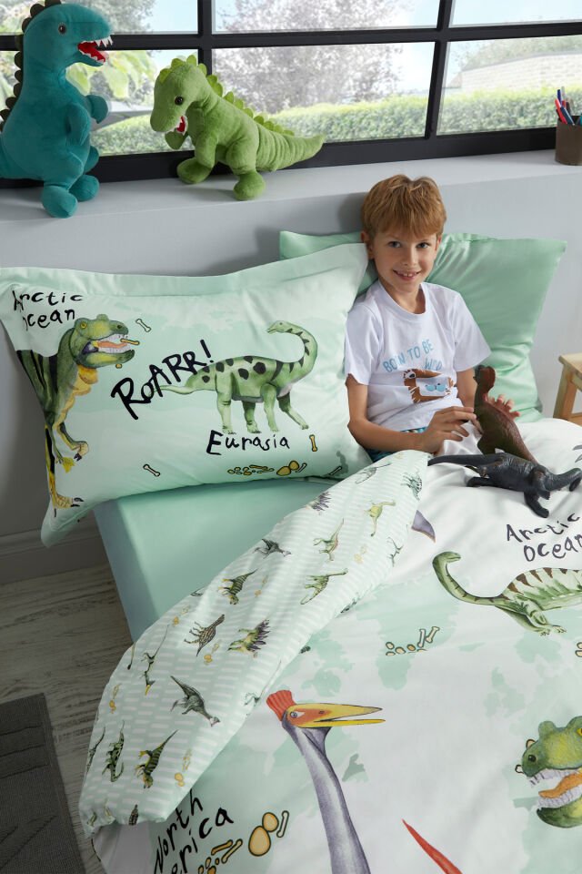 Özdilek Tek Kişilik Fitted Çarşaf Ranforce Nevresim Takımı YSL Dinasour Time