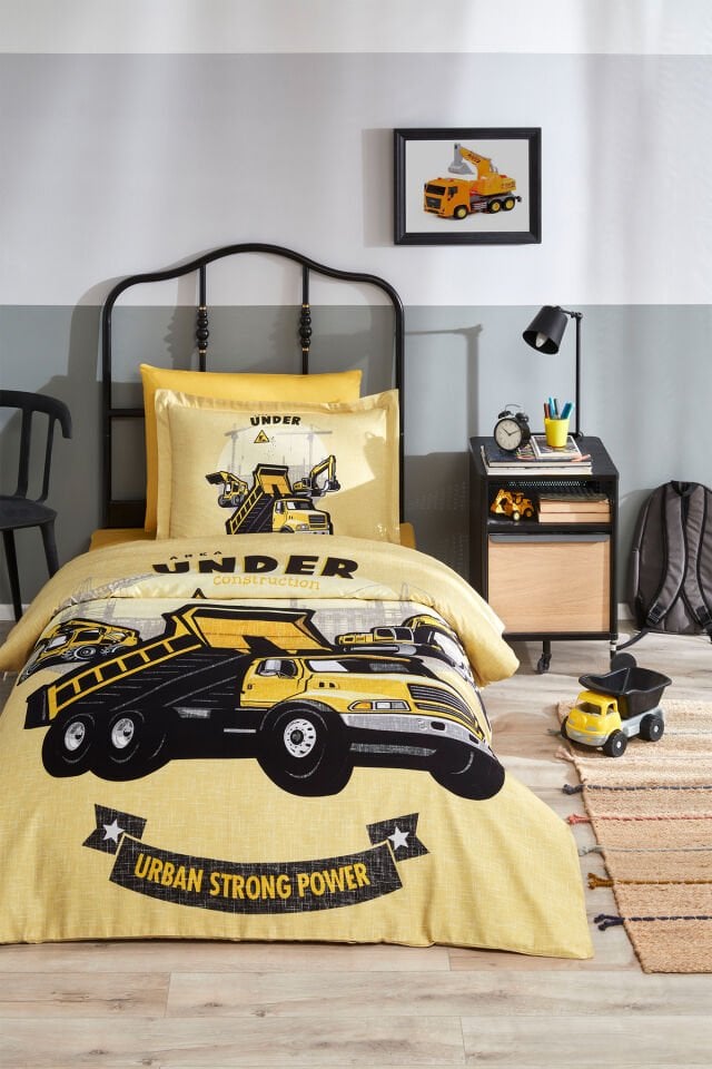 Construction Tek Kişilik Lastikli Çarşaf Nevresim Takımı