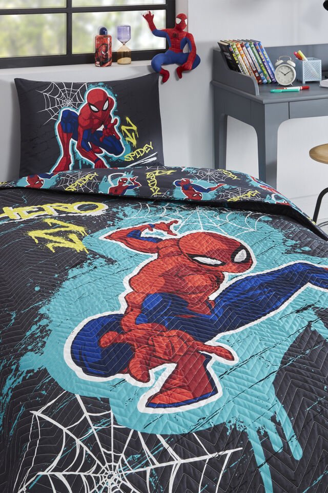 Spiderman Street Tek Kişilik Disney Lisanslı Lastikli Çarşaf Kapitone Çocuk Nevresim Takımı
