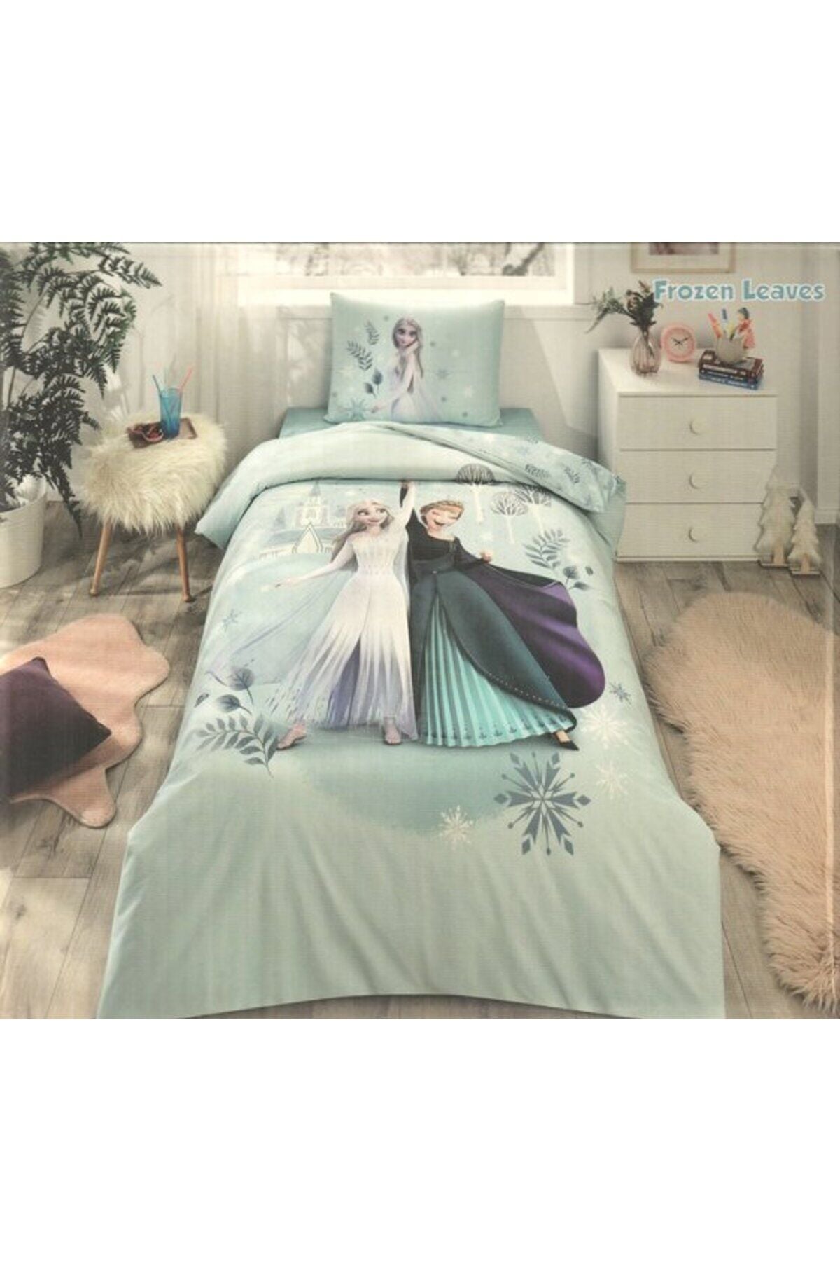 Disney Kapitoneli Nevresim Takımı Ranforce Mint Frozen Leaves