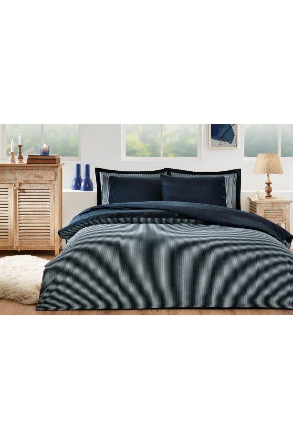 4 yastık kılıflı Nevresim Takımı Ranforce Çift Kişilik LACIVERT NATUREL