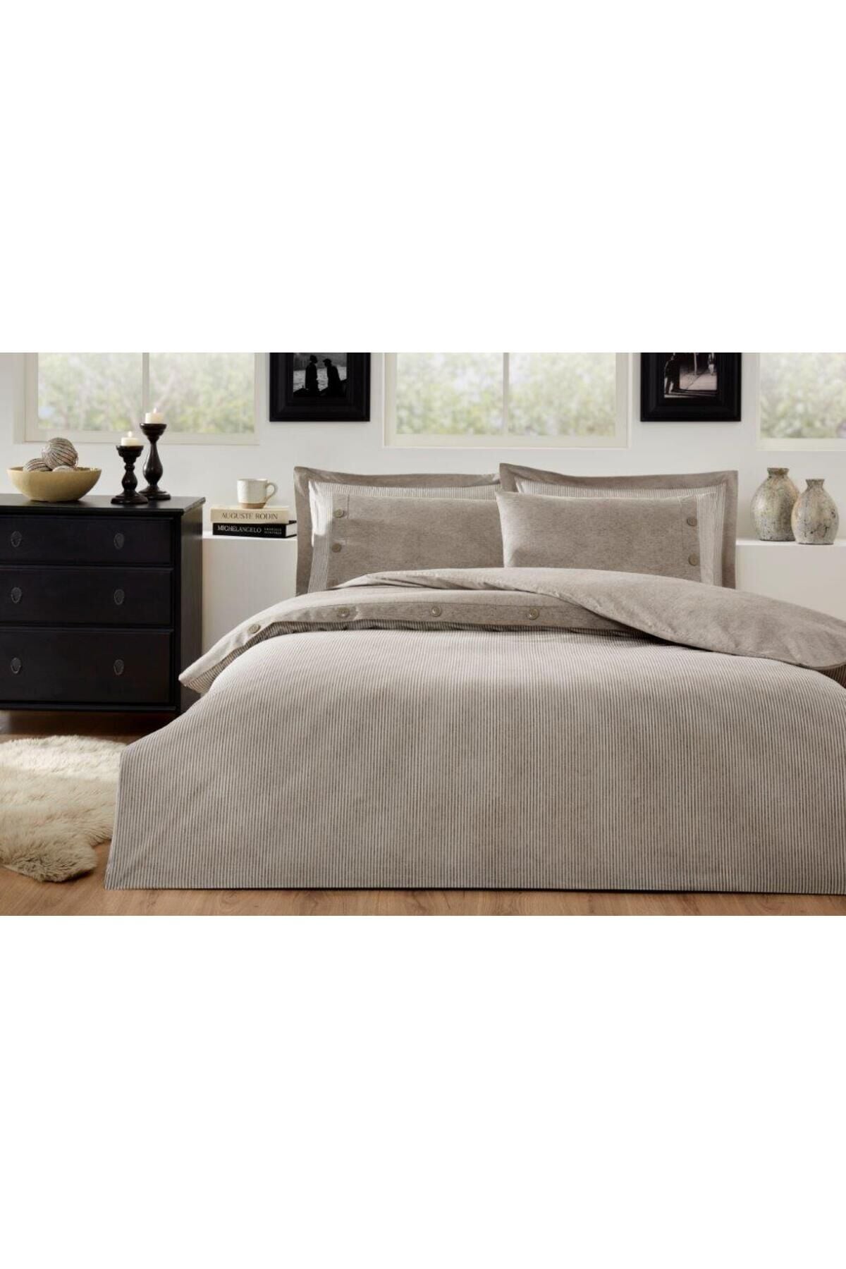 4 yastık kılıflı Nevresim Takımı Ranforce Çift Kişilik BEJ NATUREL