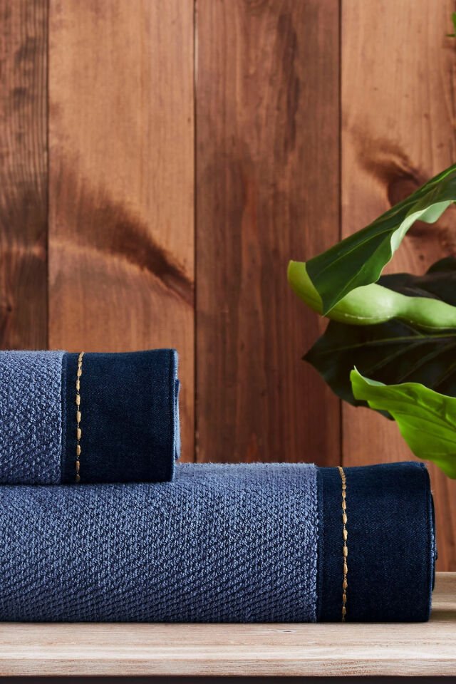 Oregon Maskülen Nakışlı Denim 2'Li Havlu Set - Lacivert