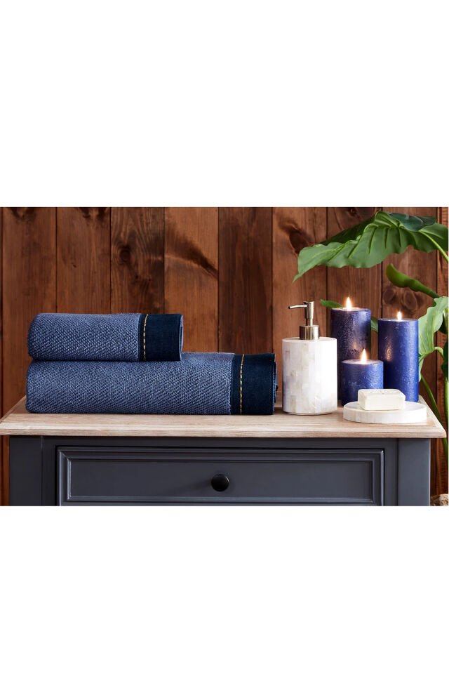 Oregon Maskülen Nakışlı Denim 2'Li Havlu Set - Lacivert