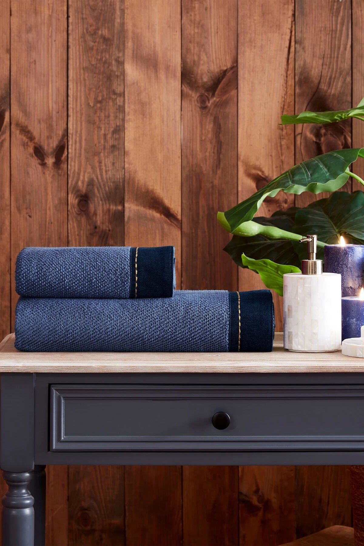 Oregon Maskülen Nakışlı Denim 2'Li Havlu Set - Lacivert