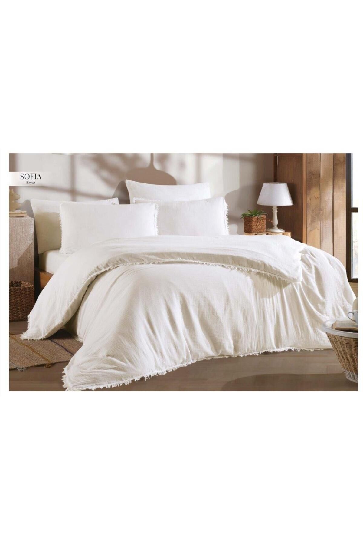 Nevresim Takımı Lastikli Çarşaf Muslin Çift Kişilik Beyaz Sofıa