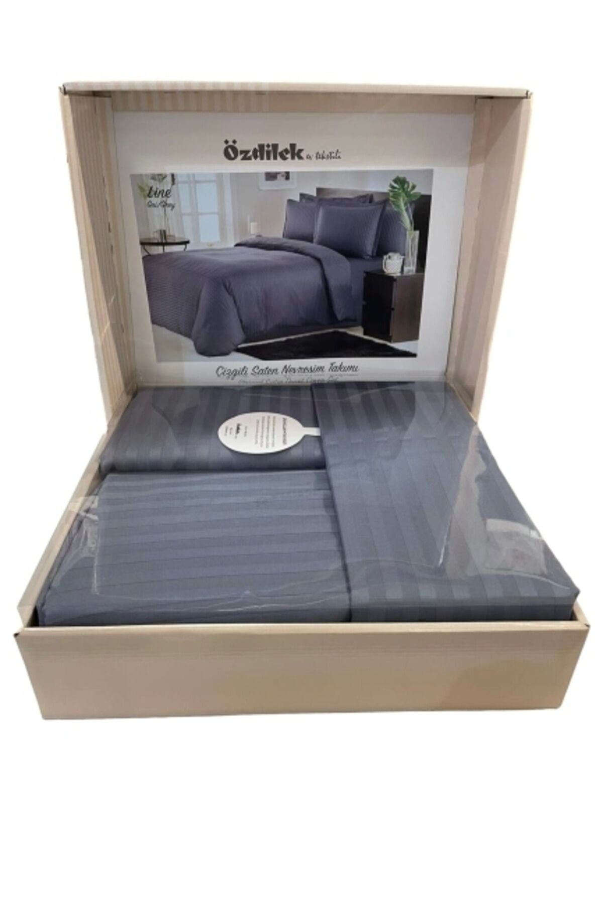 Saten Nevresim Takımı Çift Kişilik Çizgili Line M. Gri Pamuk Saten