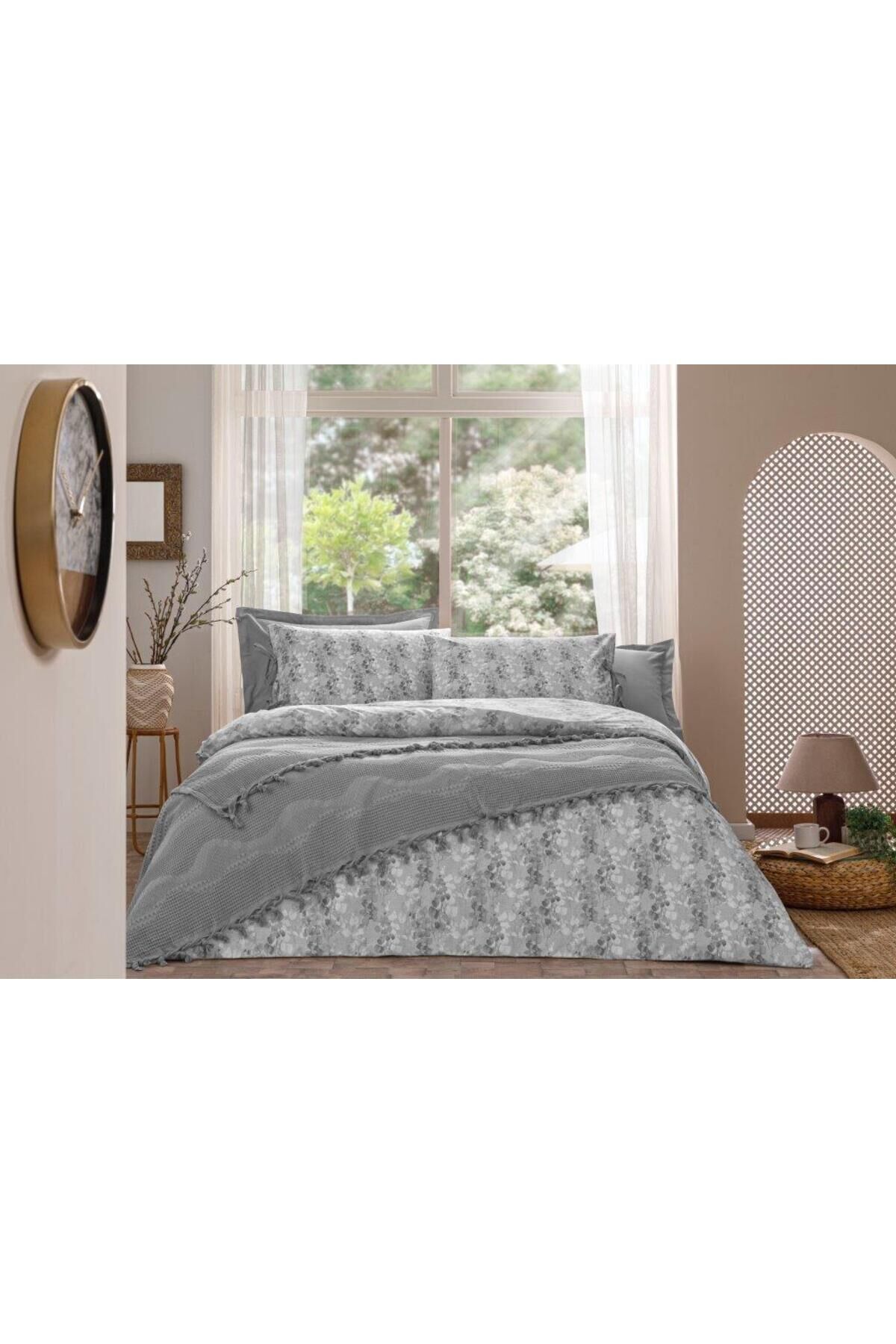 NEVRESİM TAKIMI PİKELİ  RANFORCE  ÇİFT KİŞİLİK GRI LEAVES