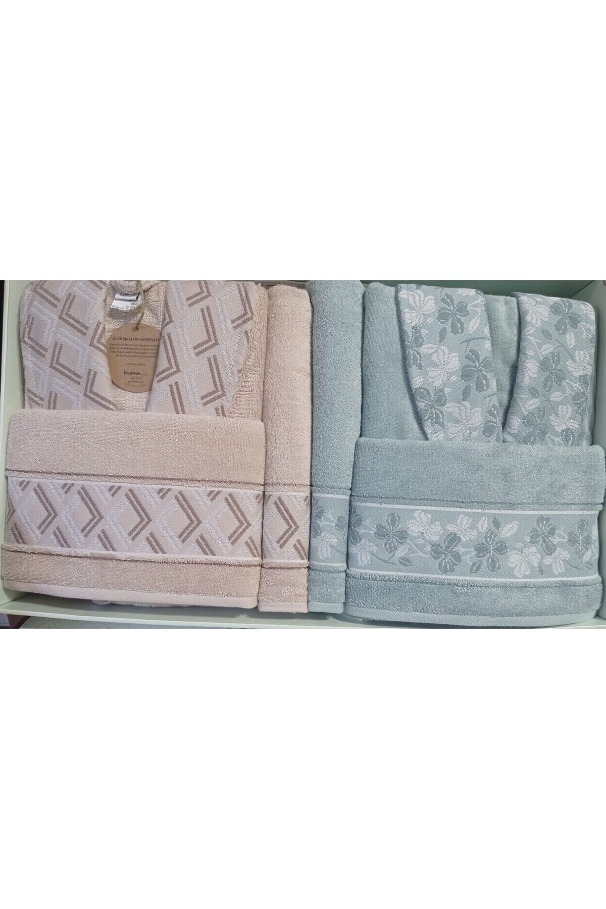 Fiore Line Bej Yeşil Bambu Aile Bornoz Seti Özdilek Bornoz