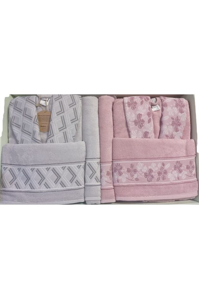 Fiore Line Gri Pembe Bambu Aile Bornoz Seti Özdilek Bornoz