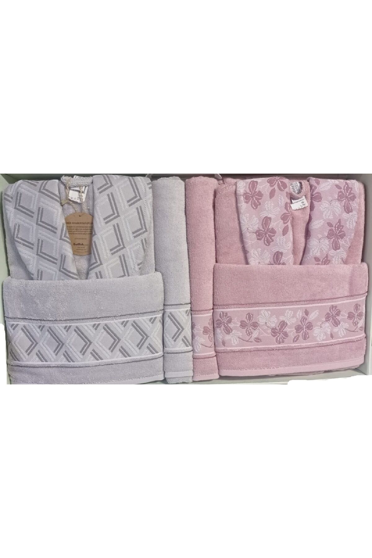 Fiore Line Gri Pembe Bambu Aile Bornoz Seti Özdilek Bornoz