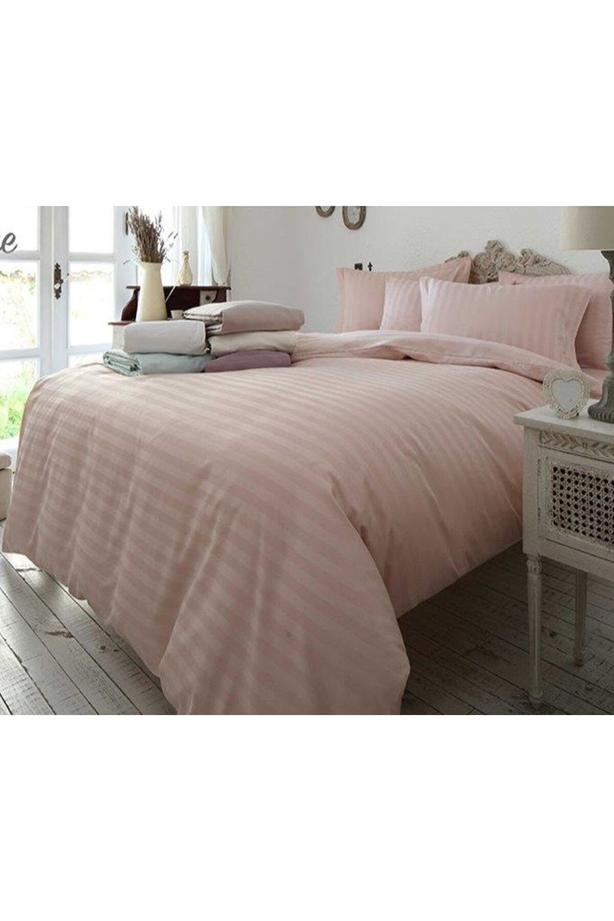 82 Tel Pamuk Saten Çift Kişilik Çizgili Nevresim Takımı Pudra Lıne