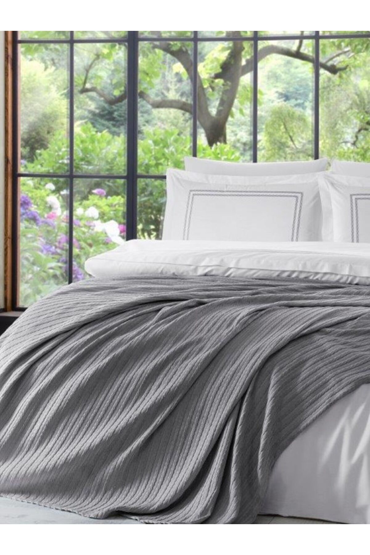 7 Parça Yatak örtülü Çeyizlik Nevresim Takımı ( Gelin Seti ) Natural Breeze Gri