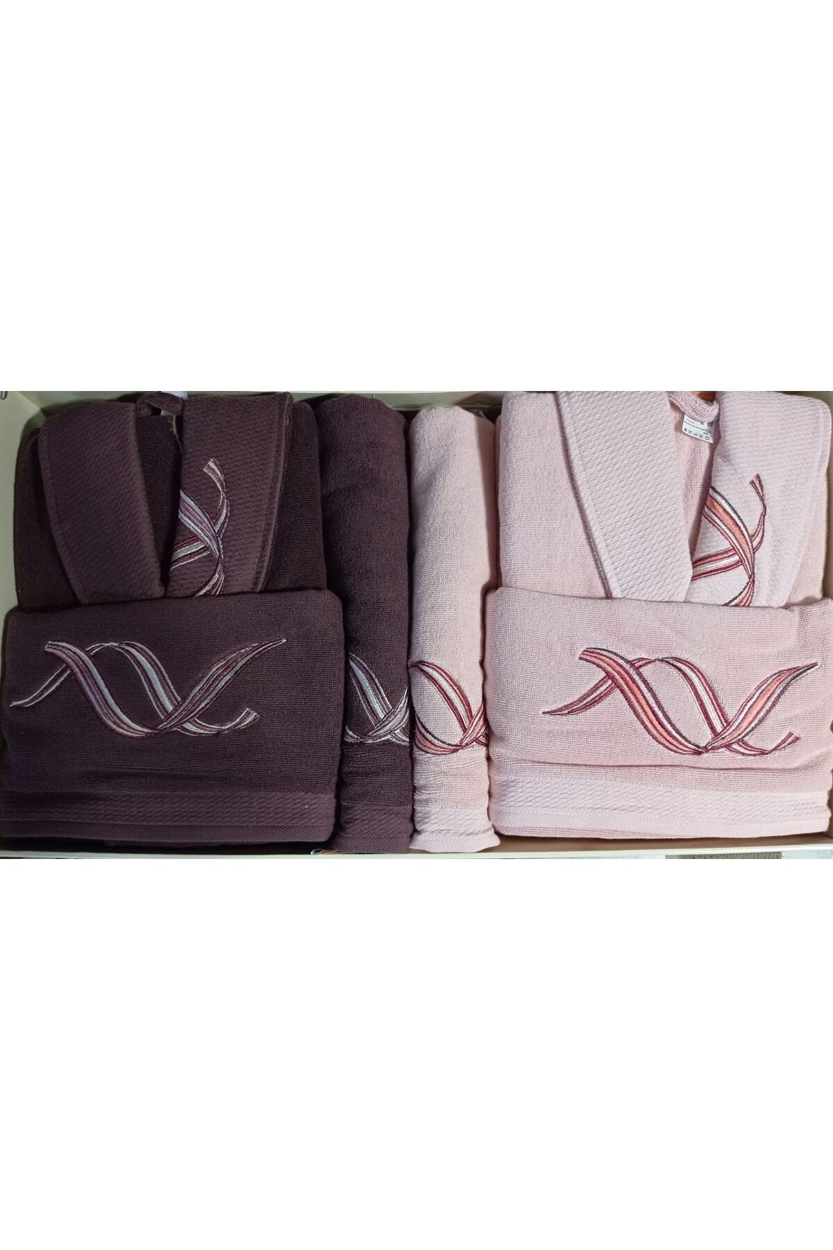 Pink Wave Bordo Pembe Aile Bornoz Seti Bornoz Tak