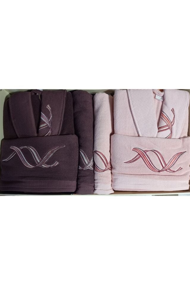 Pink Wave Bordo Pembe Aile Bornoz Seti Bornoz Tak