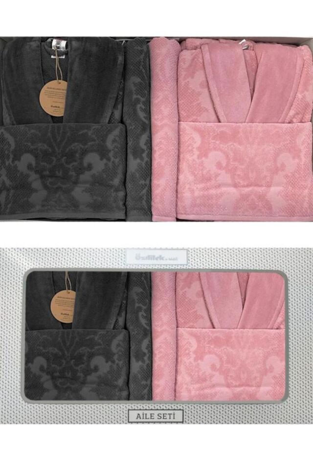 Bornoz Takımı Curve Aile Seti Çift Kişilik Pembe-Antrasit