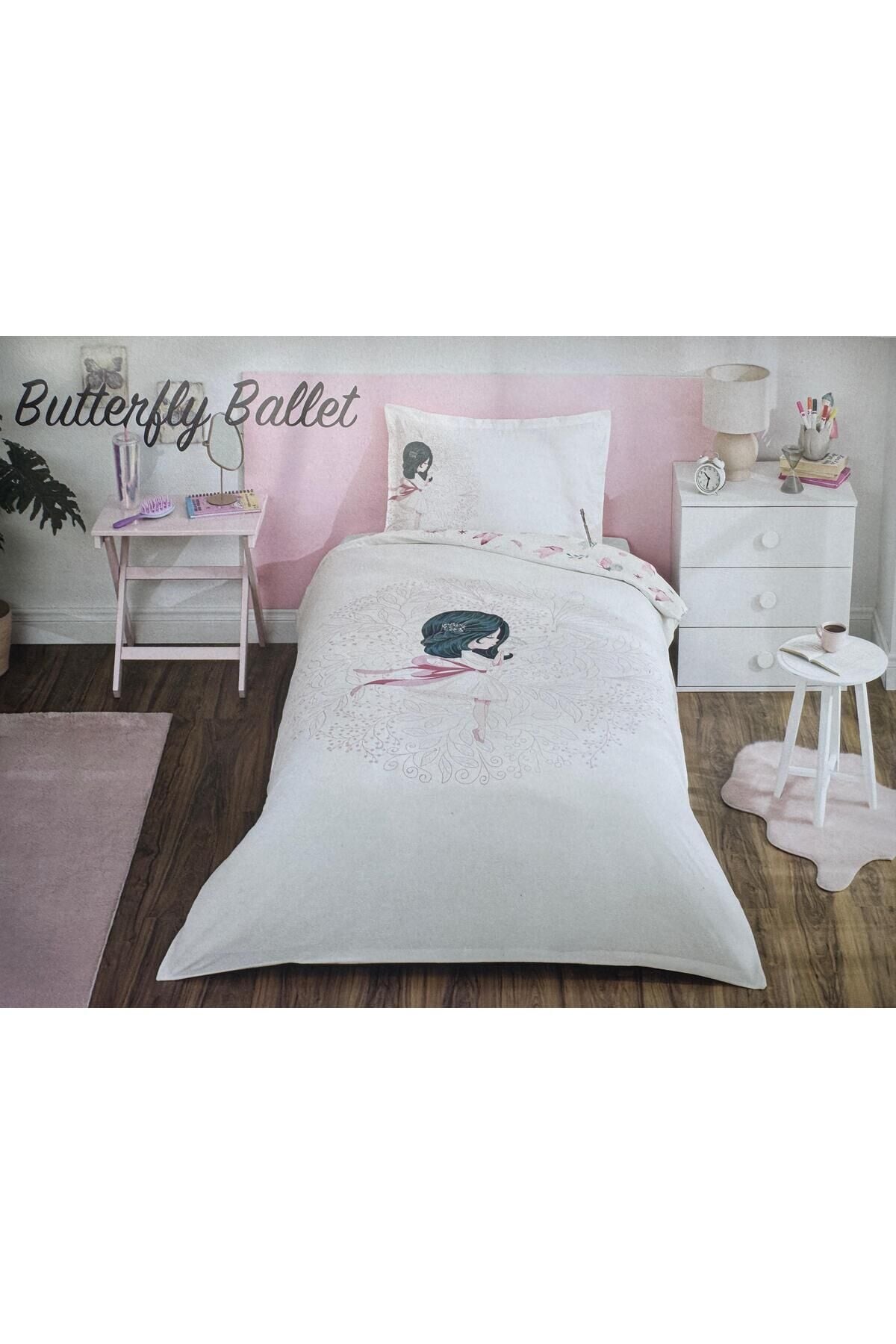 Butterfly Ballet Tek Kişilik Lastikli Çarşaf Nevresim Takımı Tek Ebat - 160 x 220