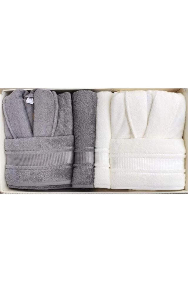 Colourist Bornoz Seti Gri Krem Büyük Beden Kadın(XL), Erkek(XL)