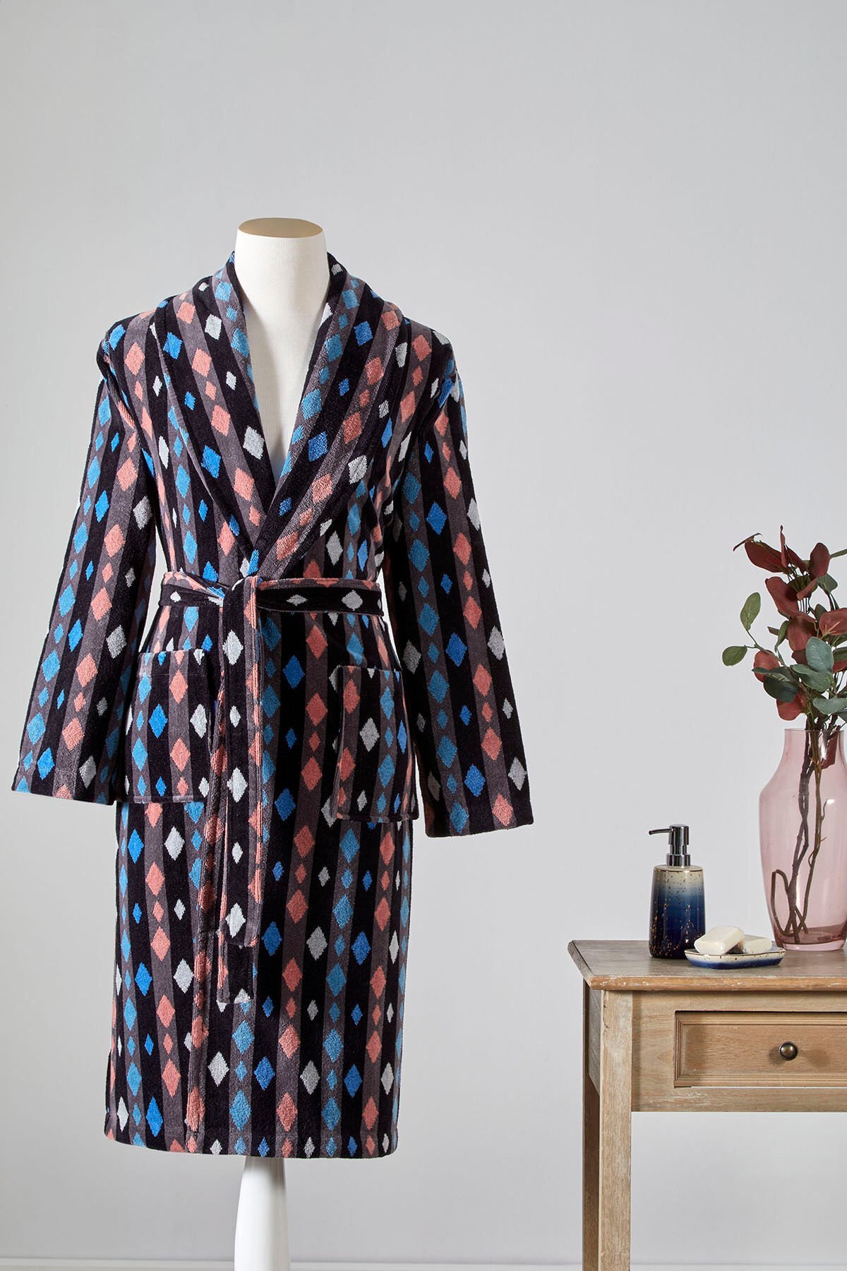 Hawai Mosaic Kadife Şal Yaka Bornoz