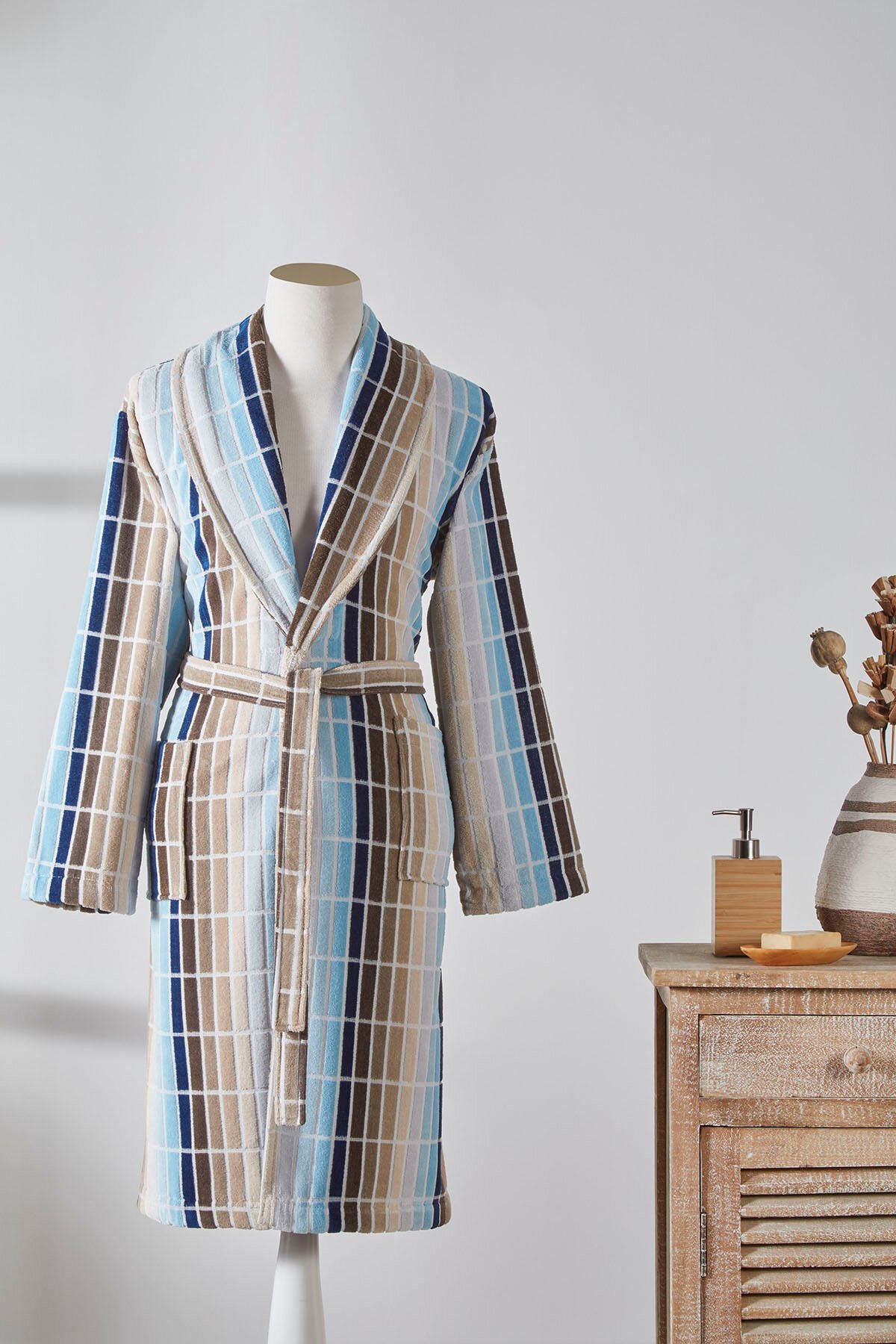 Hawai Line Kadife Şal Yaka Bornoz