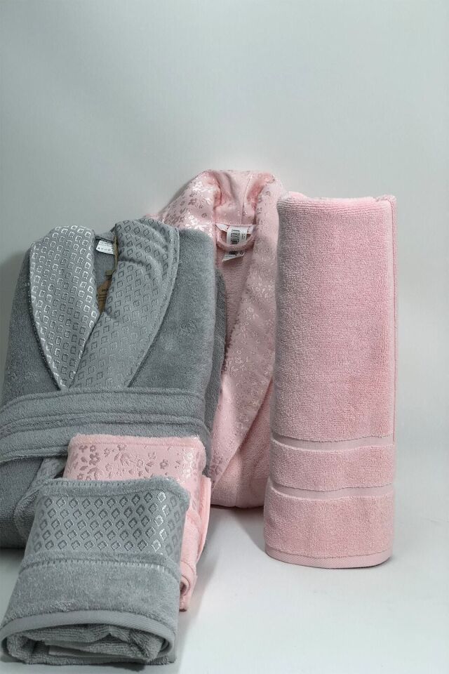 Camellia Happy Aile Seti Bornoz Takımı Gri - Pembe