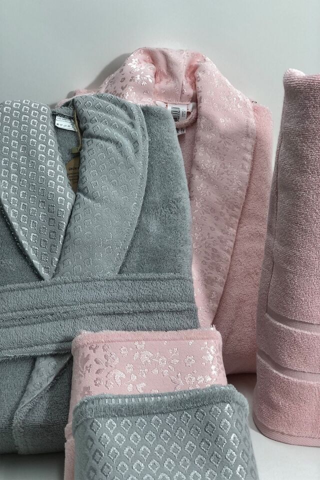 Camellia Happy Aile Seti Bornoz Takımı Gri - Pembe