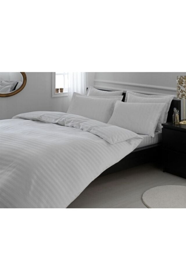 Çift Kişilik Line Çizgili Saten Nevresim Takımı-beyaz