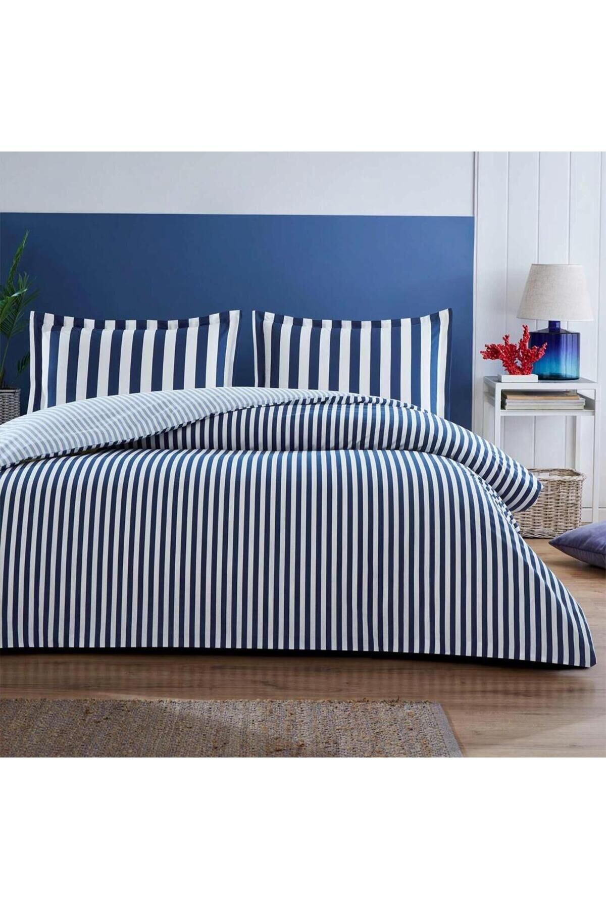 Çift Kişilik Fitted Çarşaf Ranforce Nevresim Takımı Cabana Line Mavi