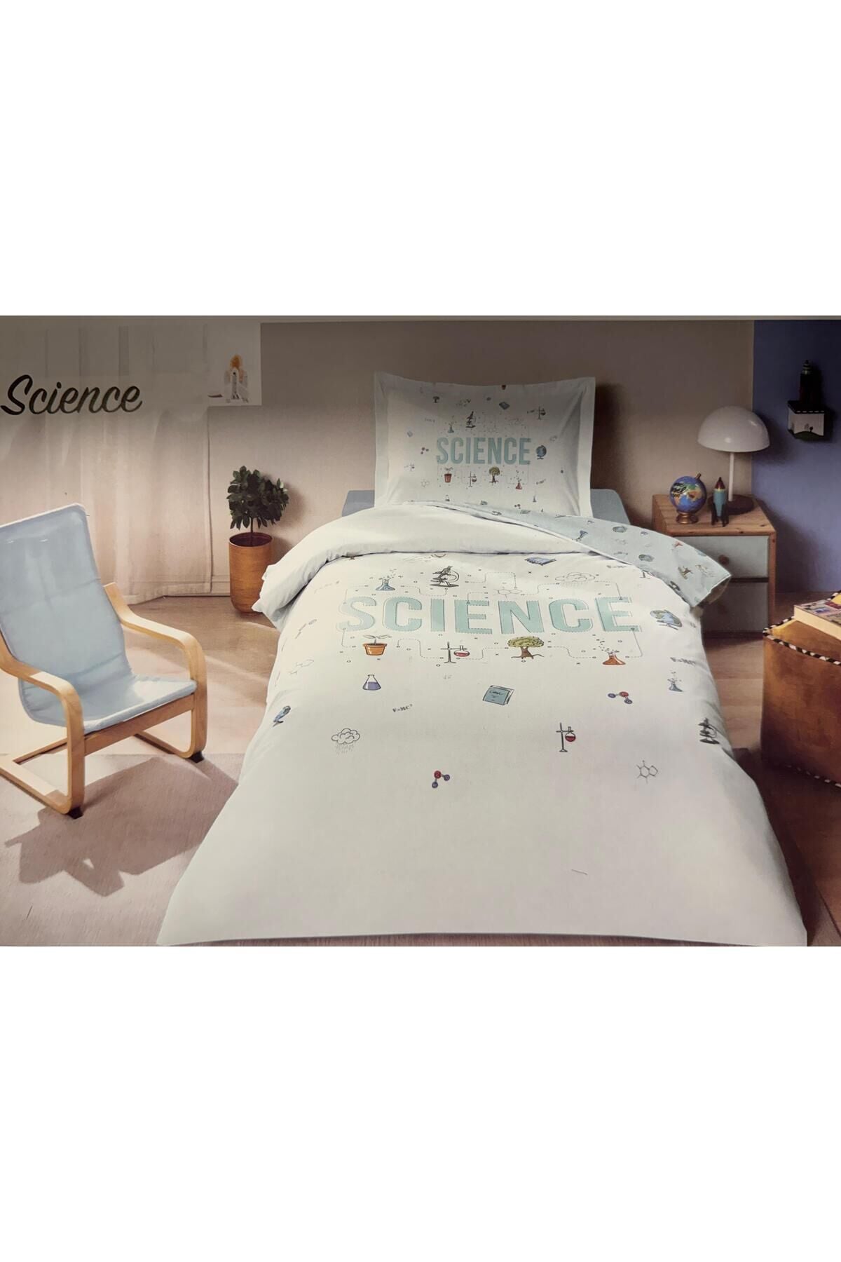 Tek Kişilik Lastikli Çarşaflı Ranforce Nevresim Takımı Science Mint