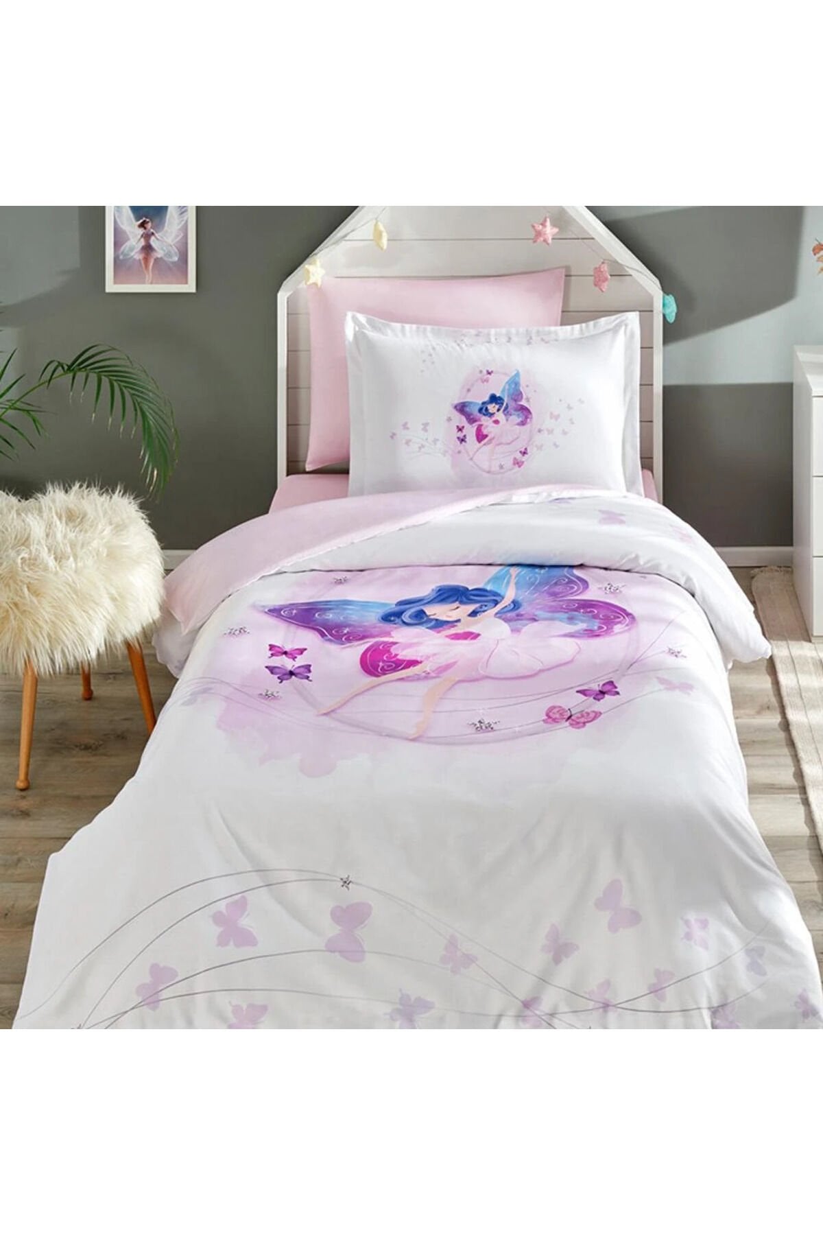 Fairies Tek Kişilik Fitted Çarşaf Ranforce Nevresim Takımı Tek Ebat - 160 x 220