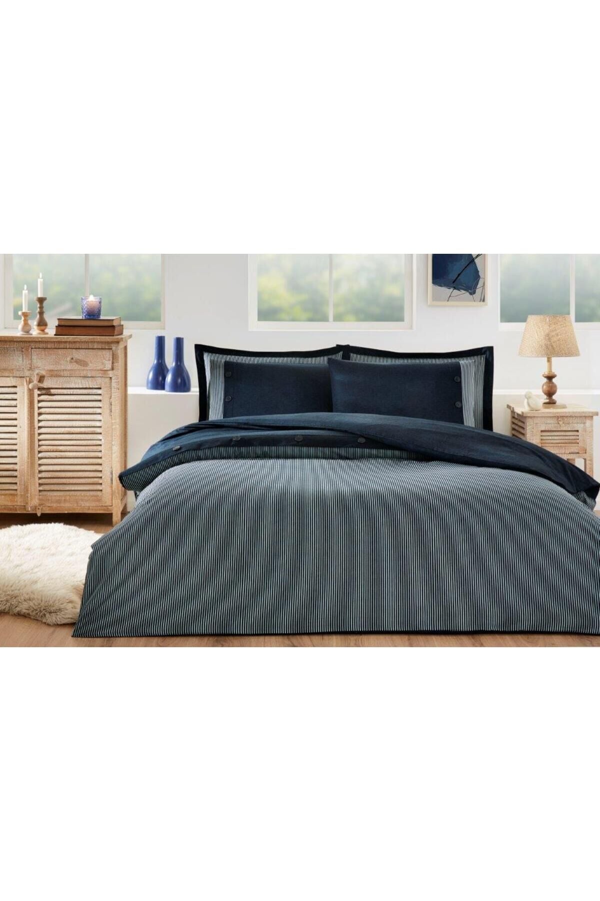 4 yastık kılıflı Nevresim Takımı Ranforce Çift Kişilik LACIVERT NATUREL Tek Ebat - 200 x 220