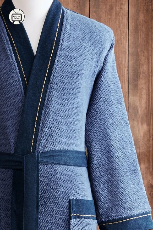 Oregon Maskülen Nakışlı Denim Kimono Bornoz XL - Lacivert L - Erkek