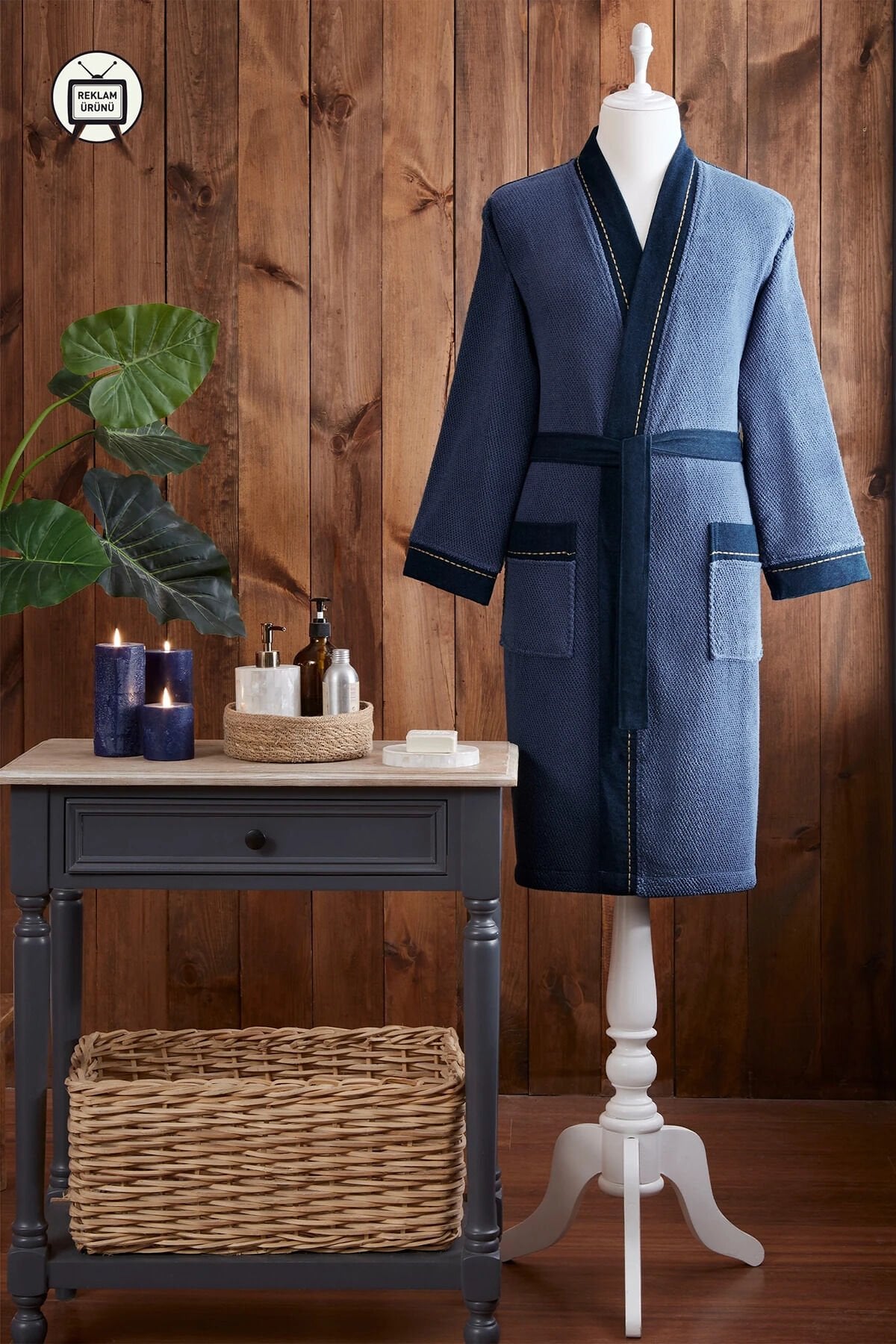 Oregon Maskülen Nakışlı Denim Kimono Bornoz XL - Lacivert L - Erkek