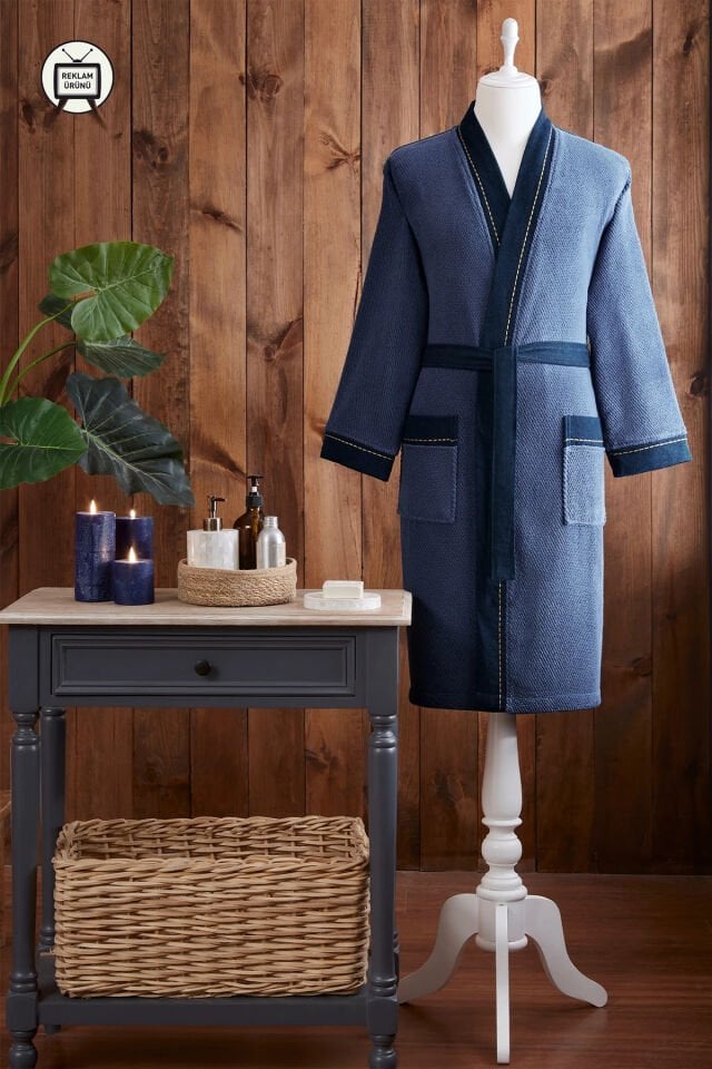 Oregon Maskülen Nakışlı Denim Kimono Bornoz XL - Lacivert L - Erkek