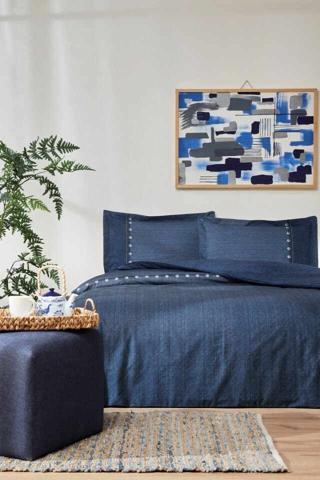 Oregon King Size Lastikli Çarşaf Denim Nevresim Takımı Lacivert