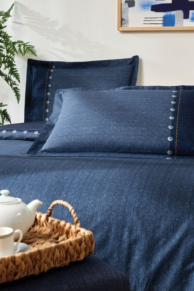 Oregon Tek Kişilik Lastikli Çarşaf Denim Nevresim Takımı Lacivert