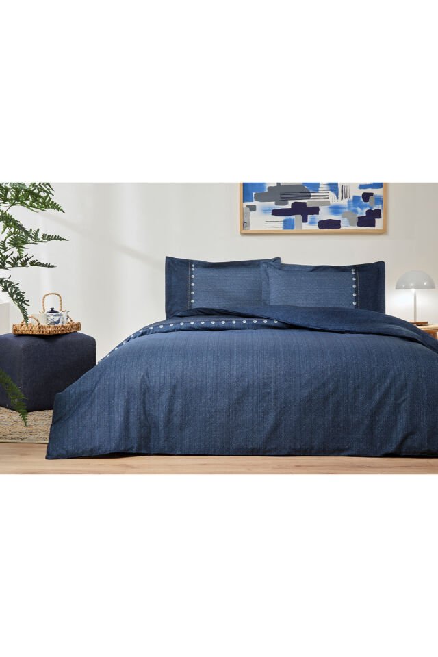 Oregon Tek Kişilik Lastikli Çarşaf Denim Nevresim Takımı Lacivert