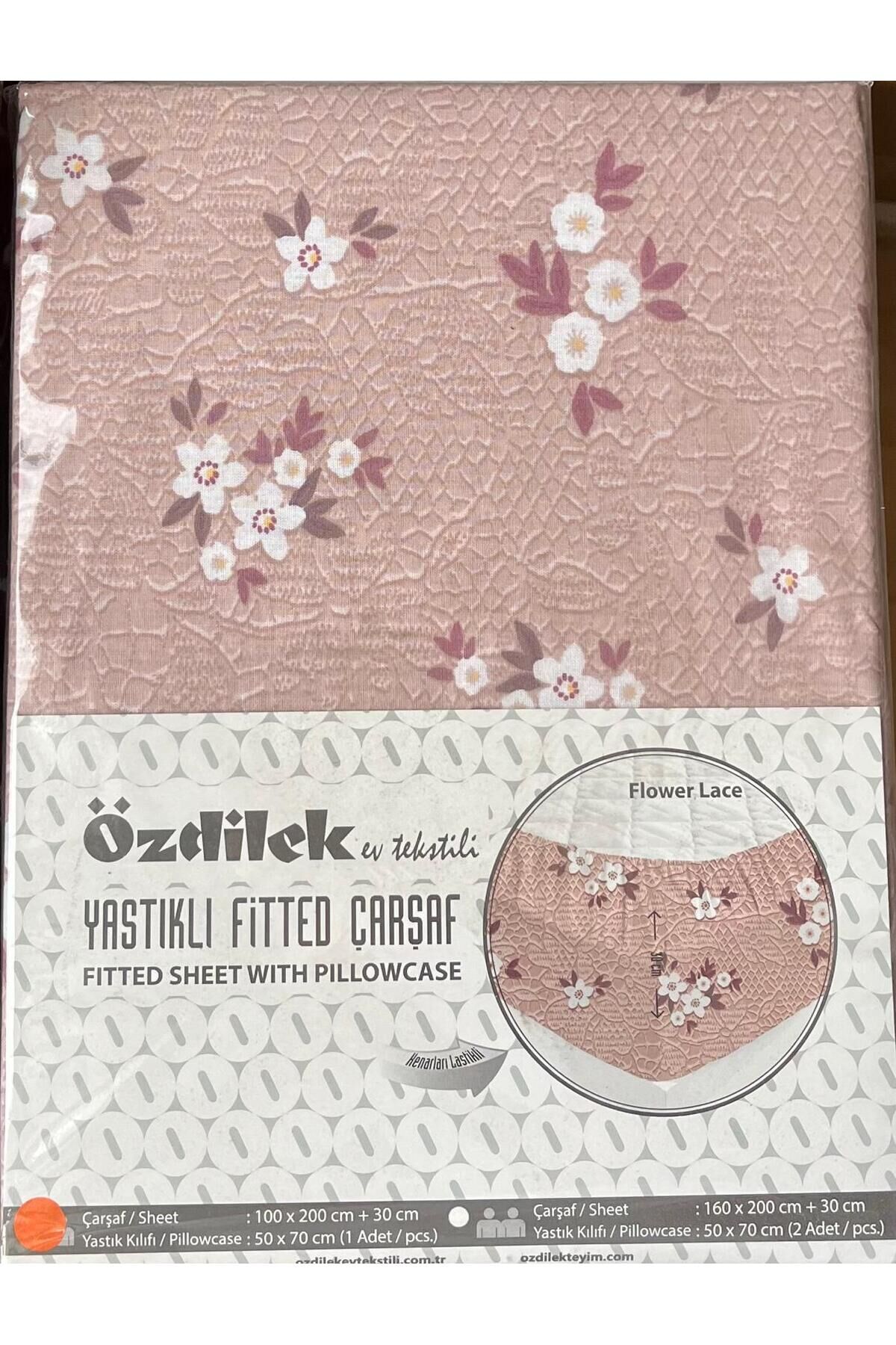 Özdilek Fitted Lastikli Çarşaf Seti Yastıklı Çarşaf %100 Pamuk Ranforce 100 x 200 Gül Kurusu F.Lace 100 x 200 - 100 x 200