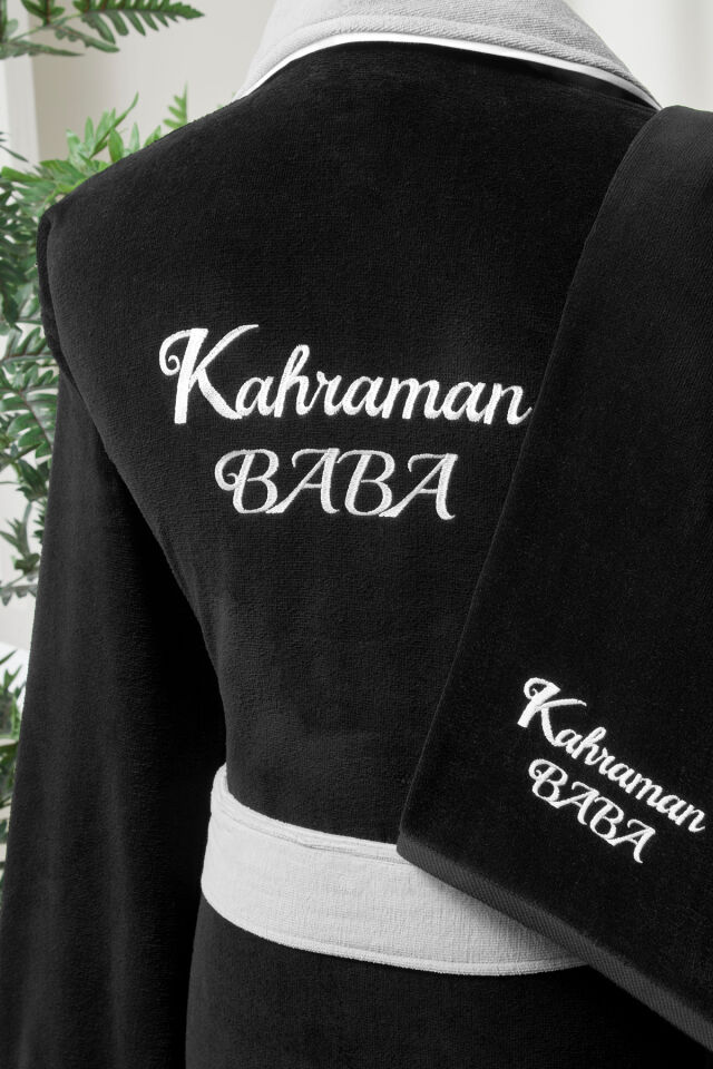 Kahraman Baba Nakışlı Kadife Erkek Bornoz Seti XL - Erkek