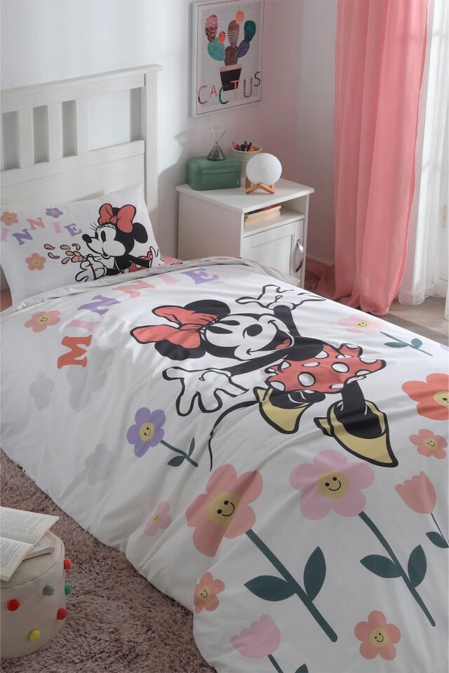 Lisanslı Disney Minnie Mouse Flowers Tek Nevresim Takımı Beyaz