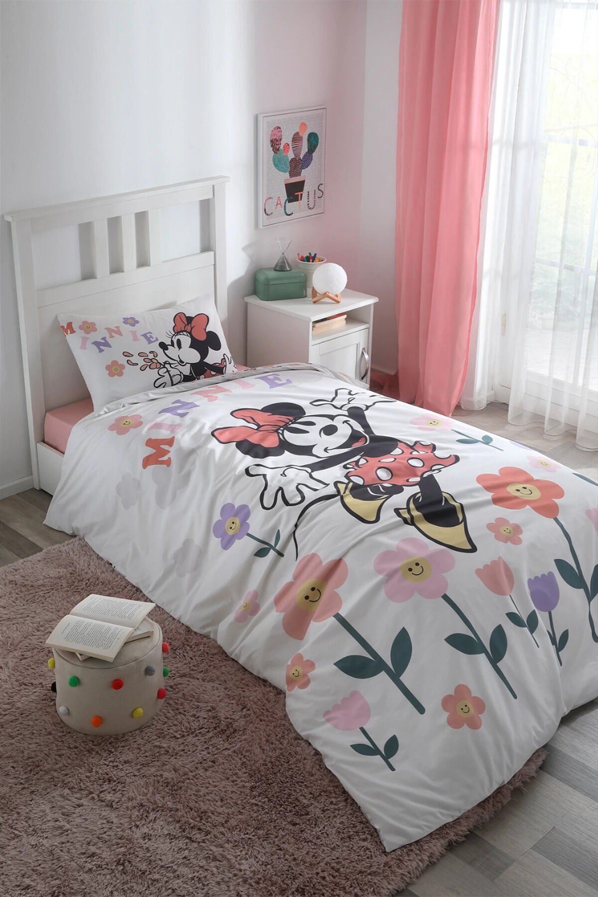 Lisanslı Disney Minnie Mouse Flowers Tek Nevresim Takımı Beyaz