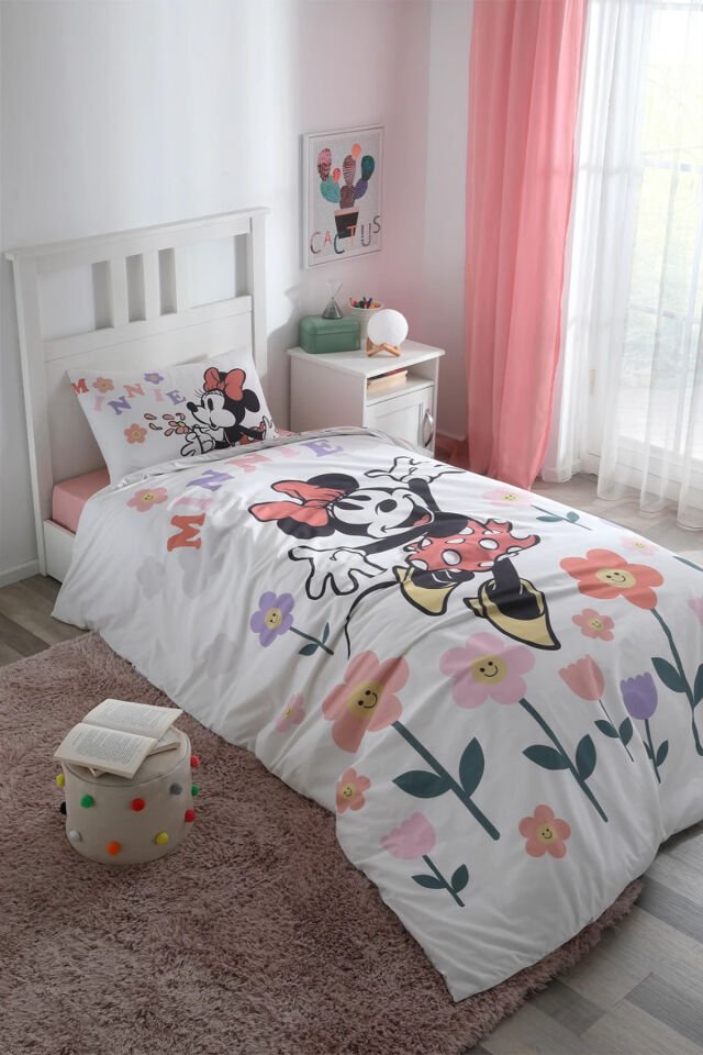 Lisanslı Disney Minnie Mouse Flowers Tek Nevresim Takımı Beyaz