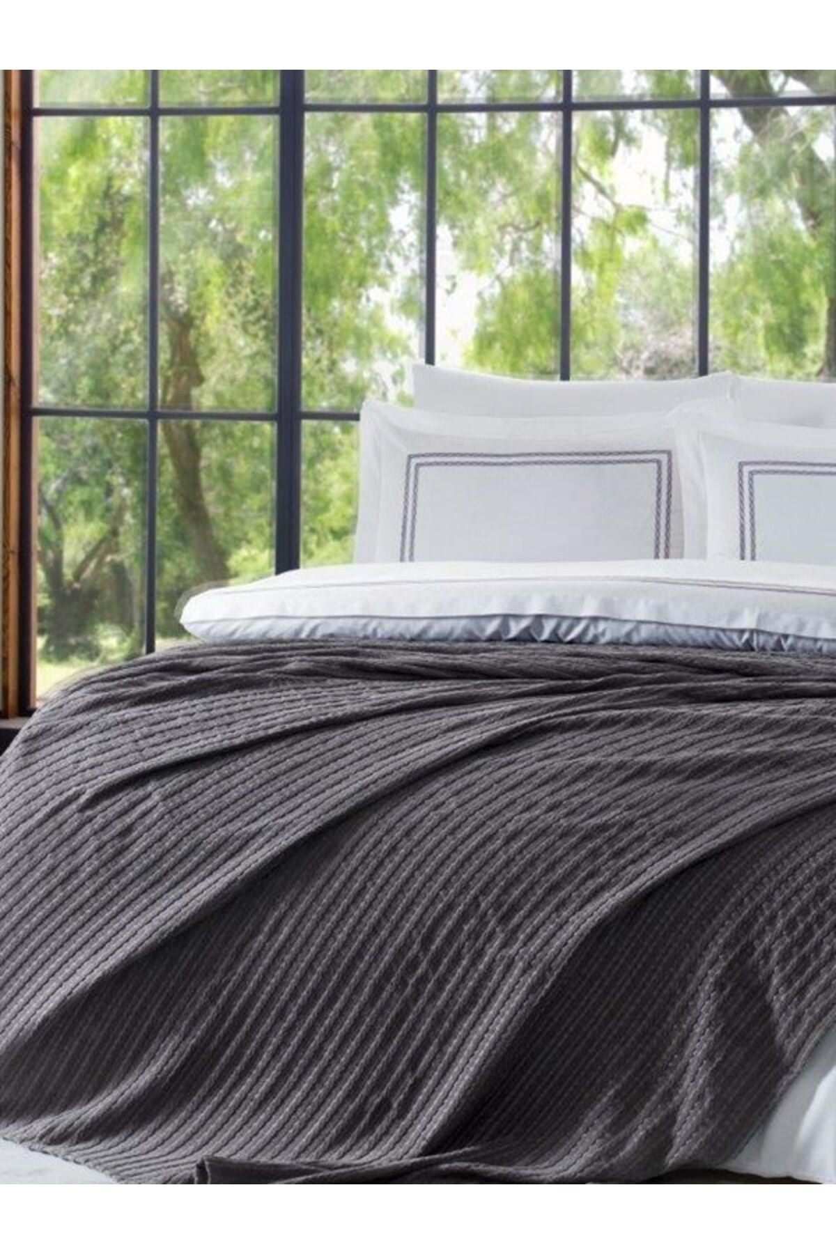 7 Parça Yatak Örtülü Çeyizlik Nevresim Takımı ( Gelin Seti ) Natural Breeze Antrasit Tek Ebat - 200 x 220