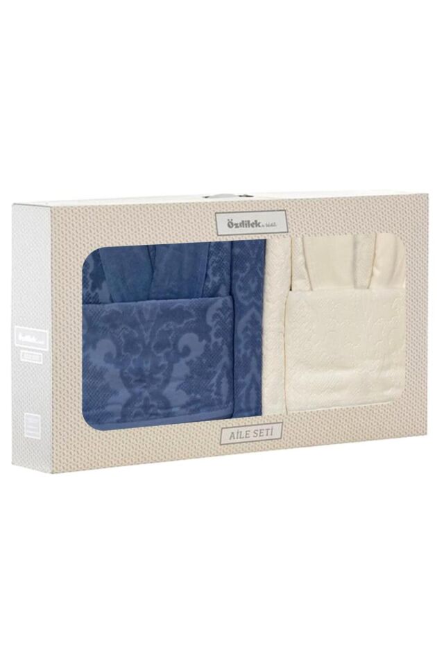 Bornoz Seti Curve Krem-indigo Aile Seti krem indigo - M