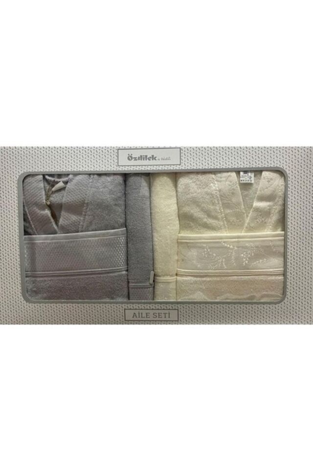 Ditsy Aile Seti Bornoz Seti Gri - Krem M - Unisex