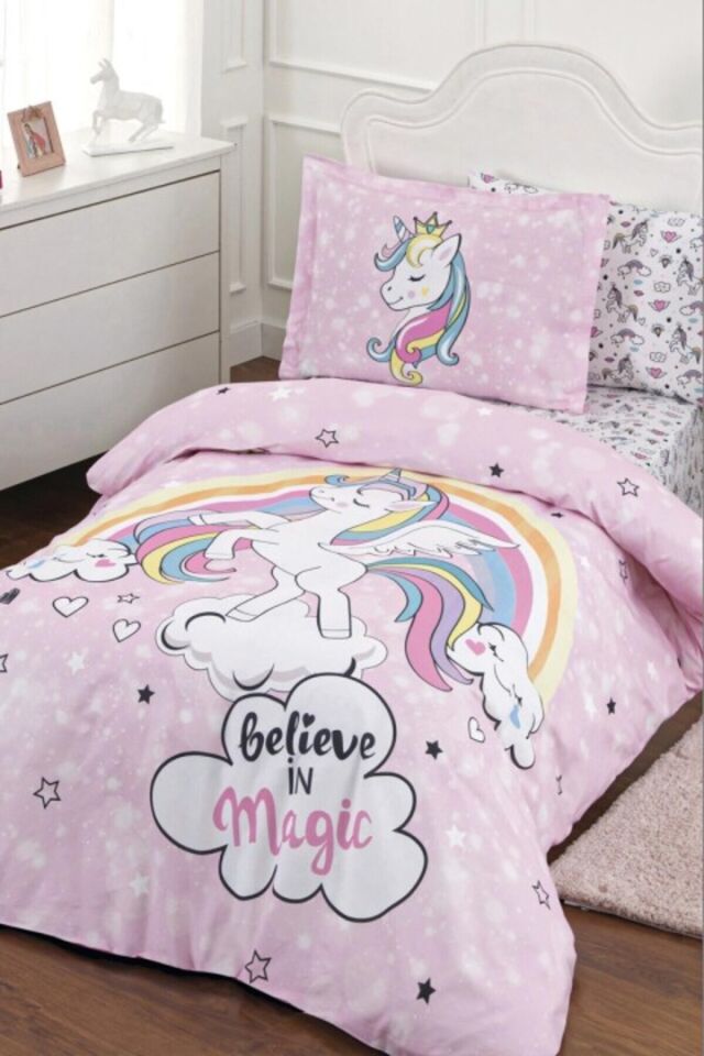 Unicorn Ranforce Tek Kişilik Fitted Çarşaf Nevresim Takımı - Pembe PEMBE