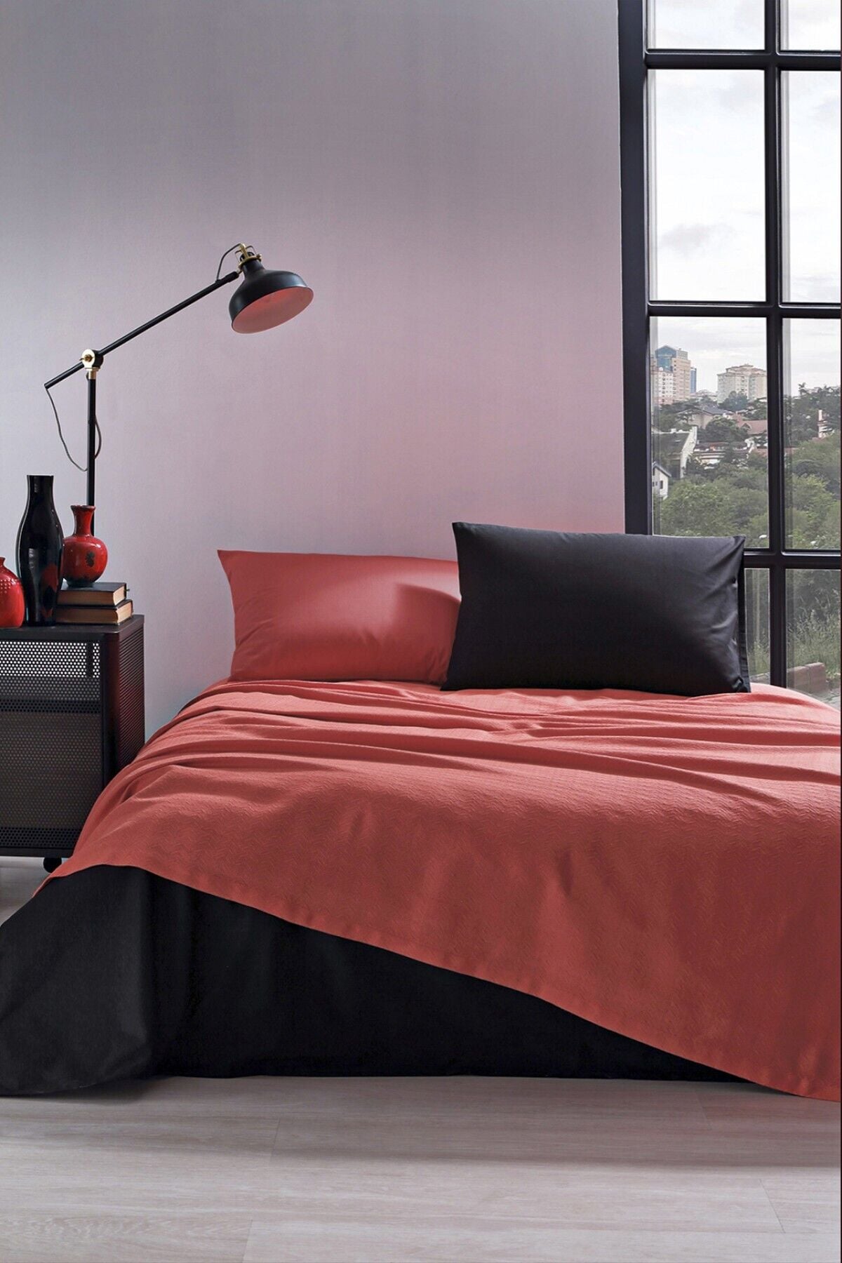 Colormix Düz Çift Kişilik Ranforce Nevresim Takımı - Kırmızı - Siyah Tek Ebat - 200 x 220