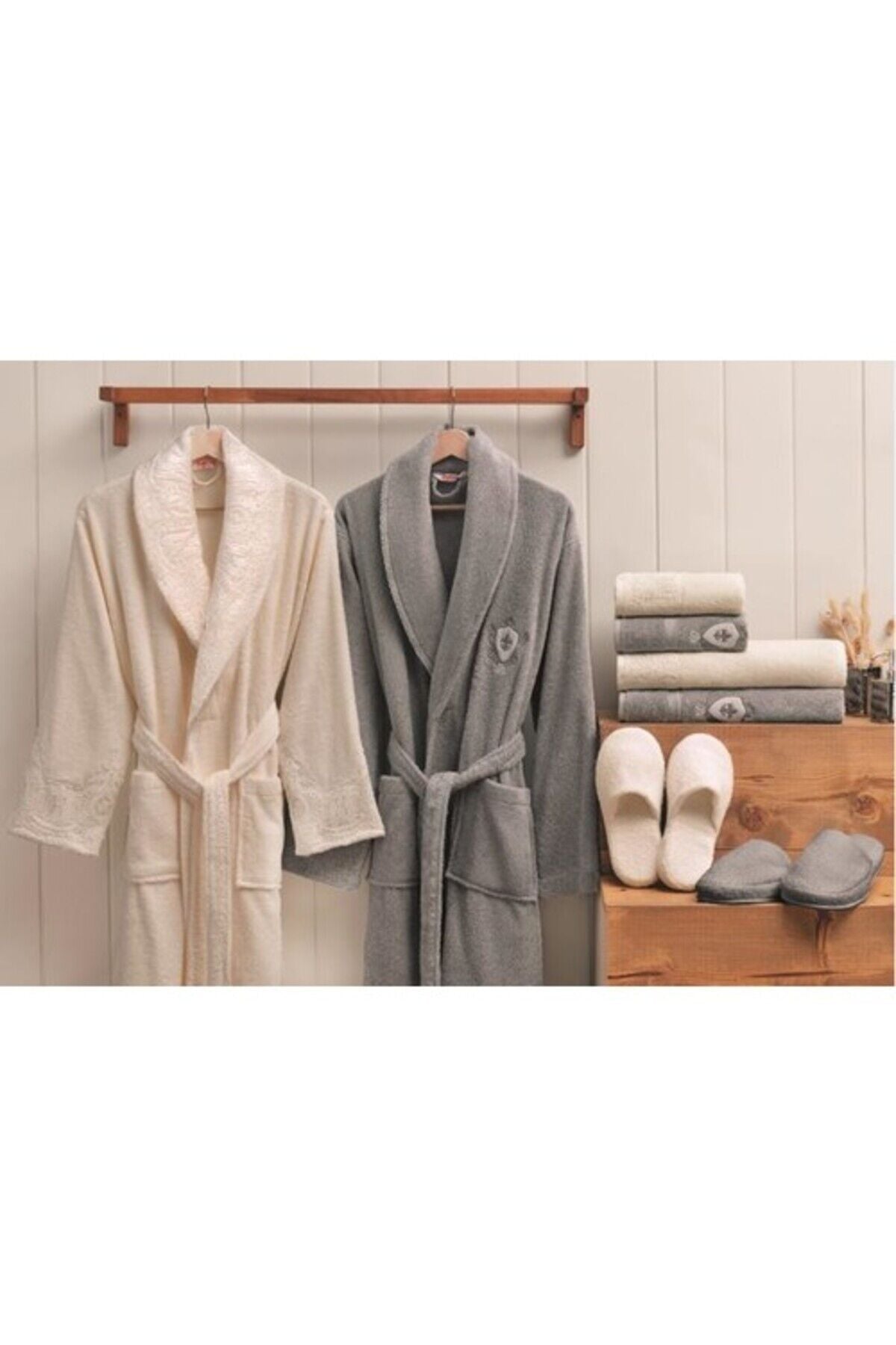 Wedding Aile Bornoz Seti- Gri Krem M - Unisex