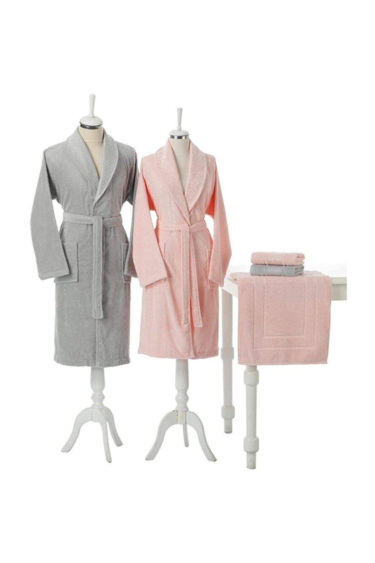 Camellia Happy Aile Seti Bornoz Takımı Gri - Pembe Standart - Unisex